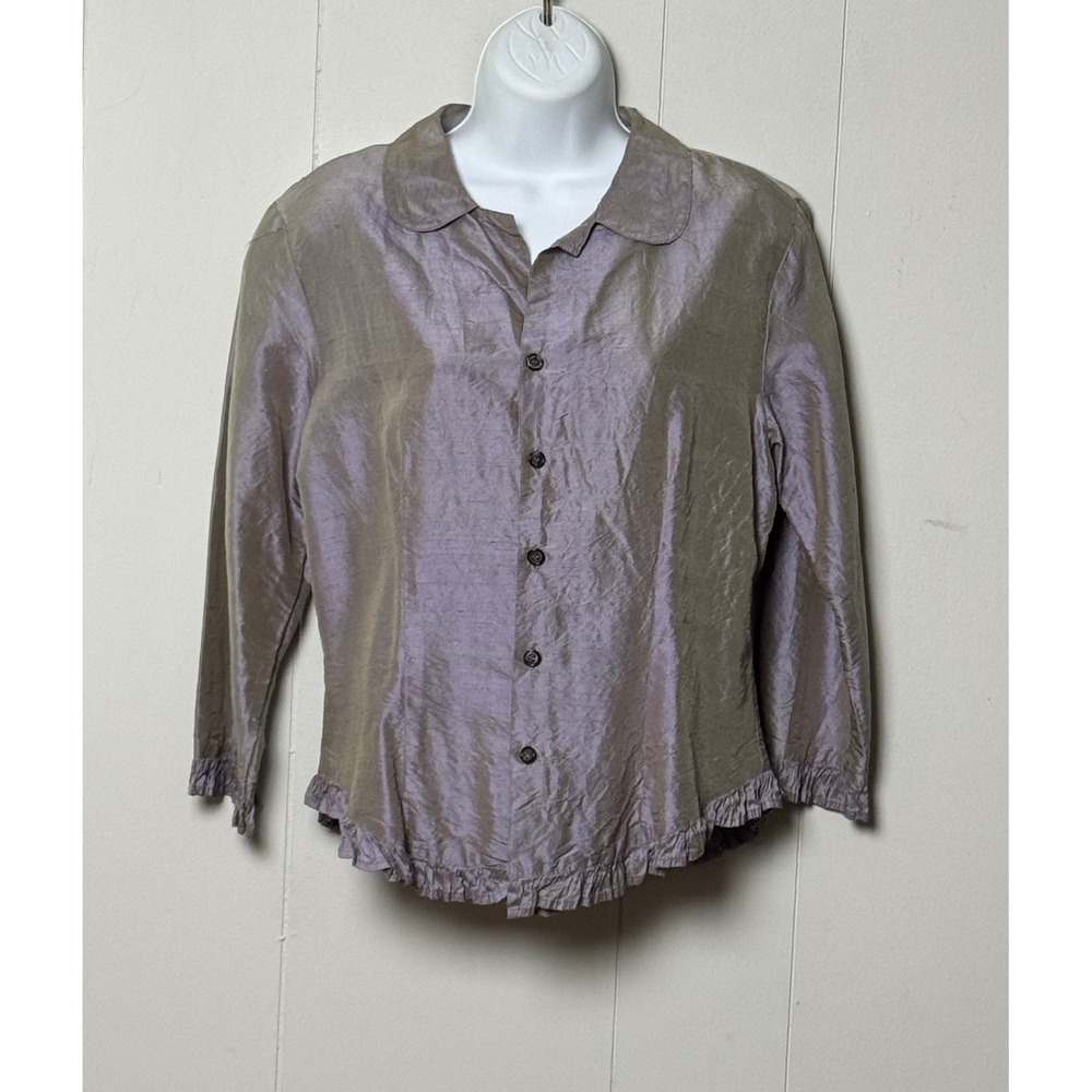CP Shades Sausalito 100% Silk Iridescent Ruffle Hem Blouse Lavender Bronze Sz S